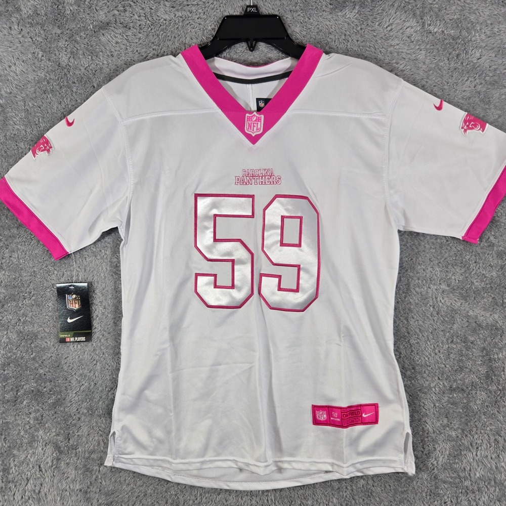 Nike Carolina Panthers Luke Kuechly 59 Jersey Womens XL White Pink NFL On Field